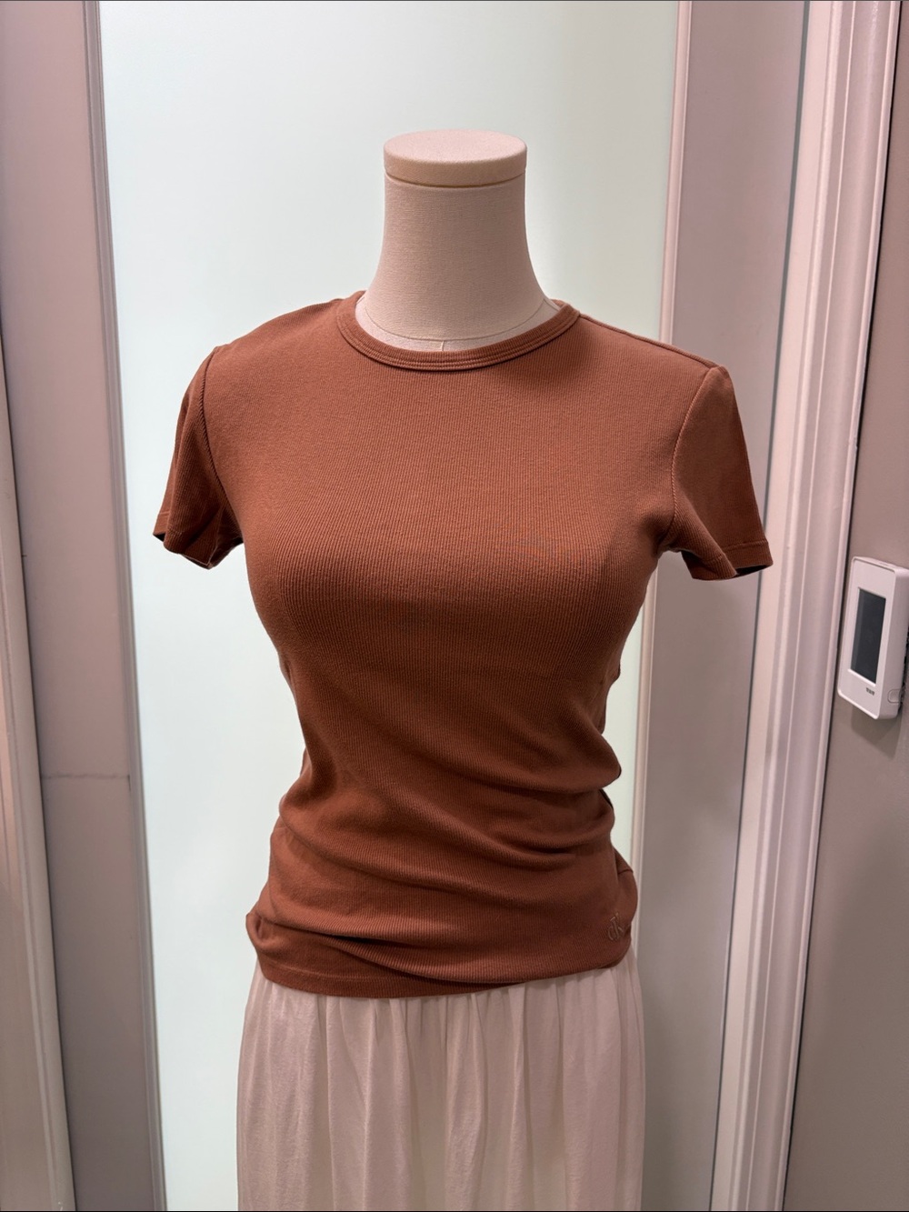 TWO Calvin Klein Short Sleeve Crewneck Top in Rust Brown & White